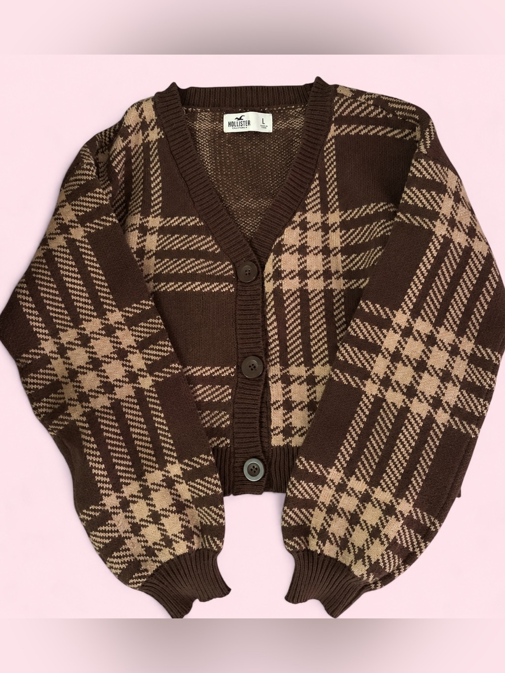 Hollister Brown and Tan Plaid V-Neck Cardigan